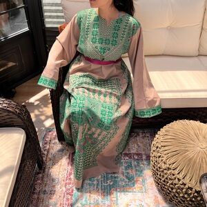 Green and Tan Embroidered Thobe